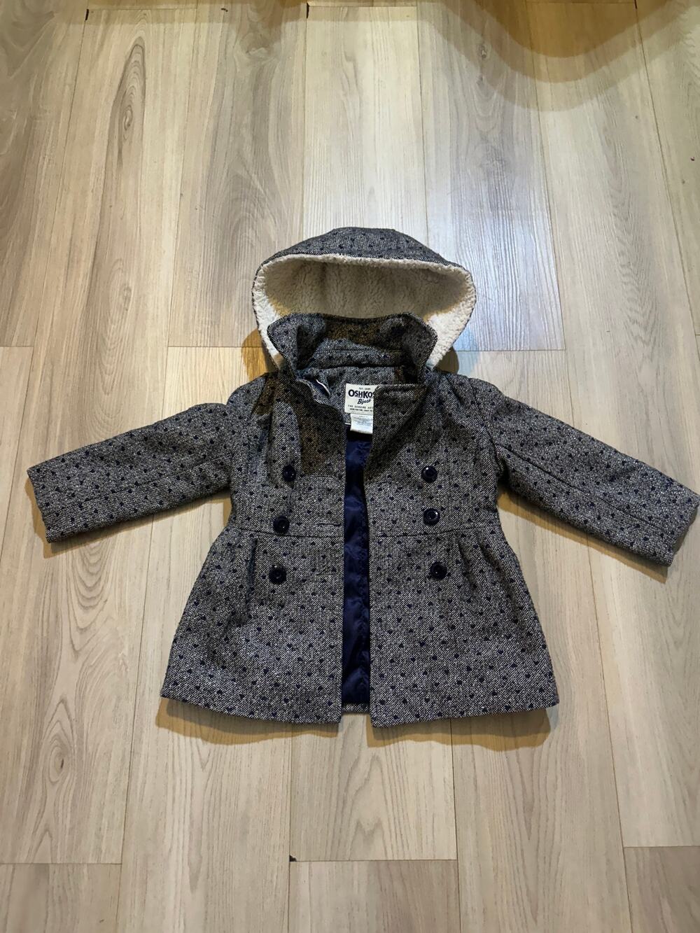 OshKosh B'gosh Girls 3T Tweed Pea Coat Hooded Faux Shearling  Gray Heart Print